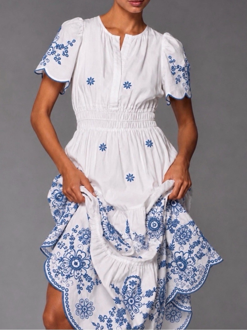 Joie White Blue Embroidered Floral Midi Dress V-Neck Smocked Sz L NWT/0292